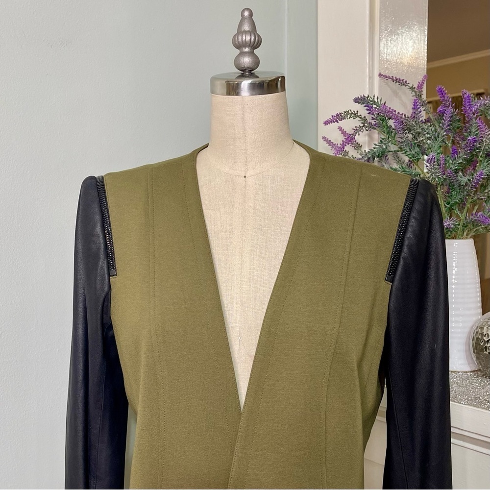 Theory Yaisa Pryor Leather Sleeve Blazer Jacket Olive Green & Black Large - Picture 8 of 16